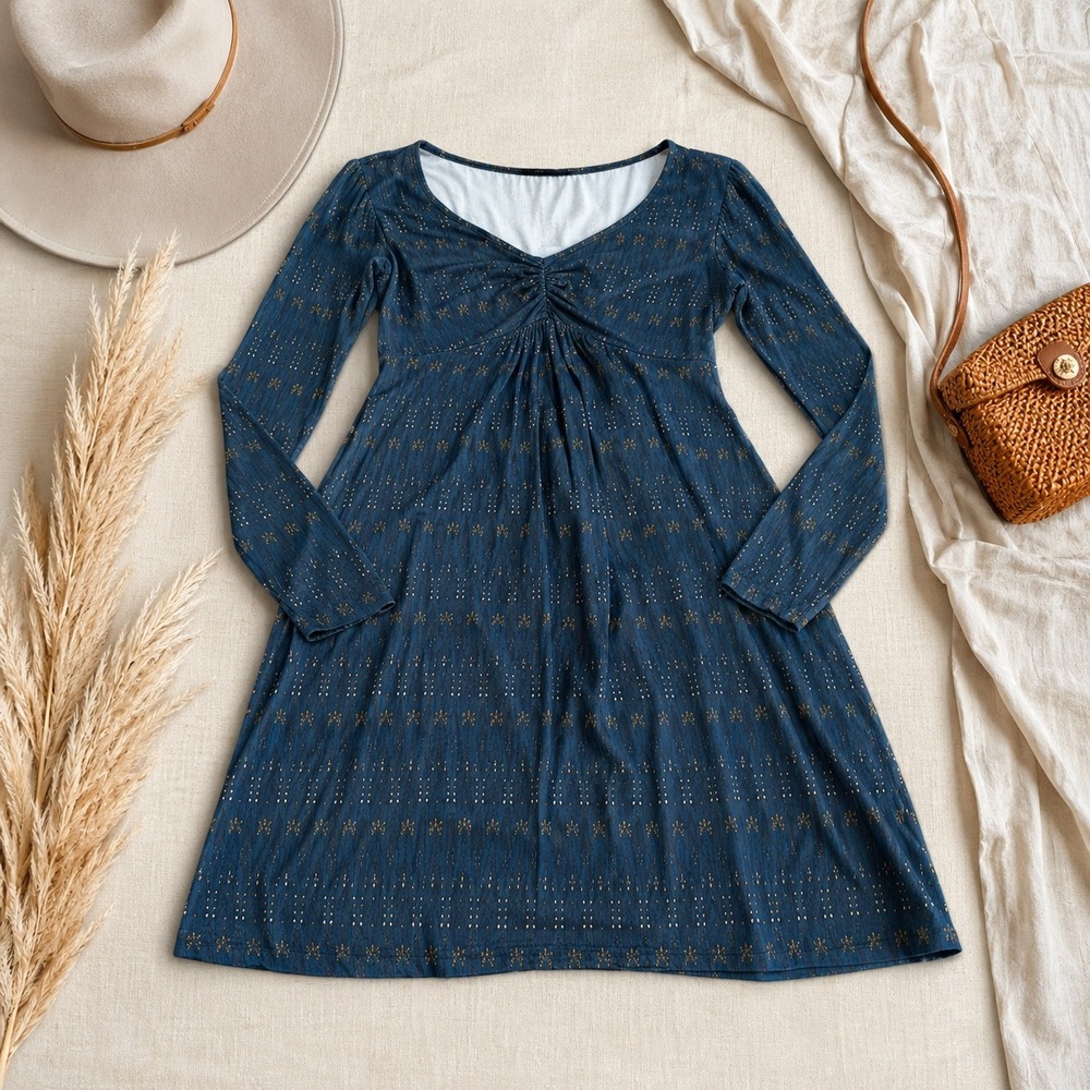 Leota Dress Womens XS Blue Birds and the Bees V-Neck Jersey Knit Mini